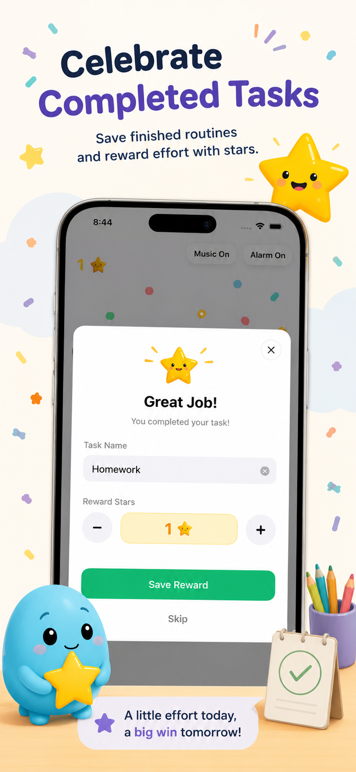 HoppityClock completed task screen awarding stars for homework