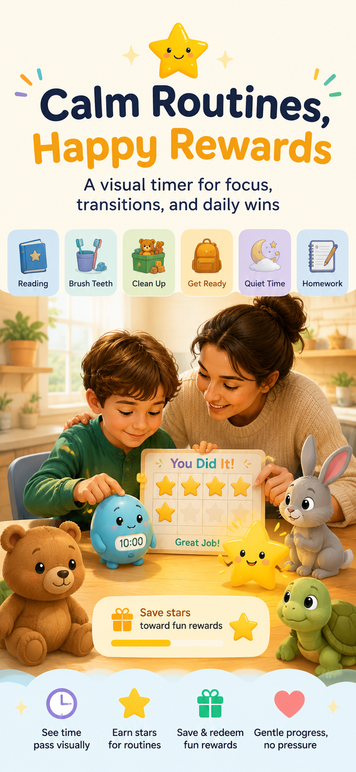 HoppityClock kids visual timer with calm routines, reward stars, and daily tasks
