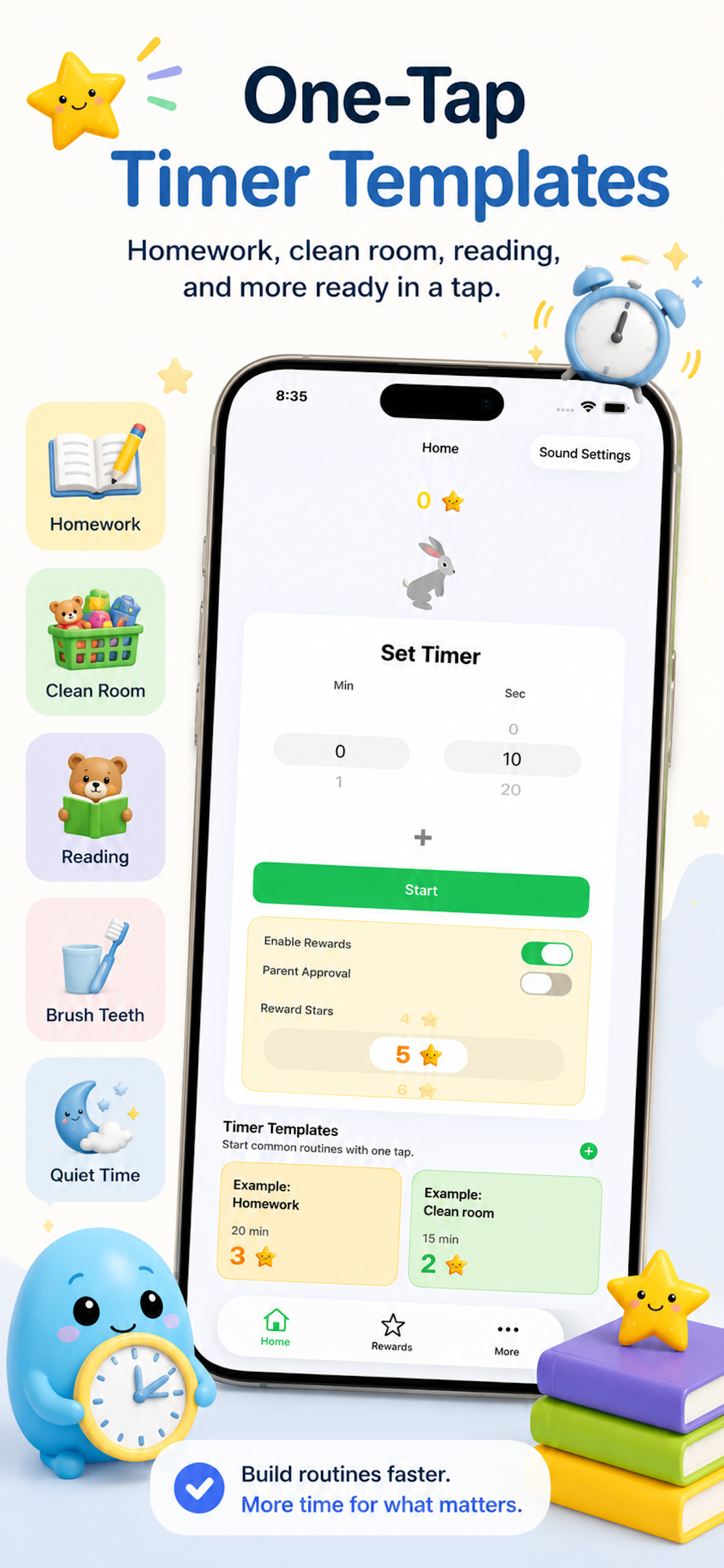 HoppityClock one-tap timer templates for homework, clean room, reading, brush teeth, and quiet time