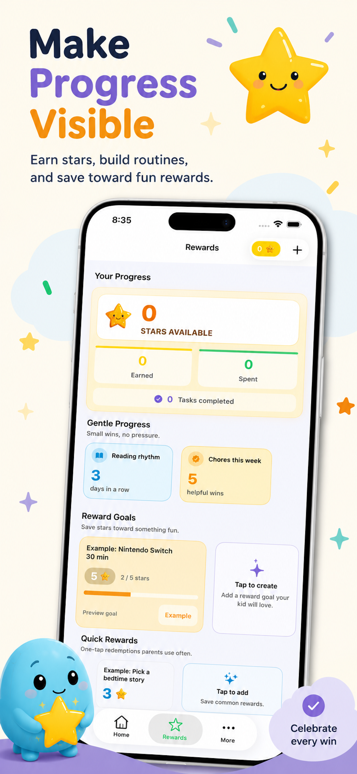 HoppityClock reward stars, progress, reward goals, and quick rewards screen