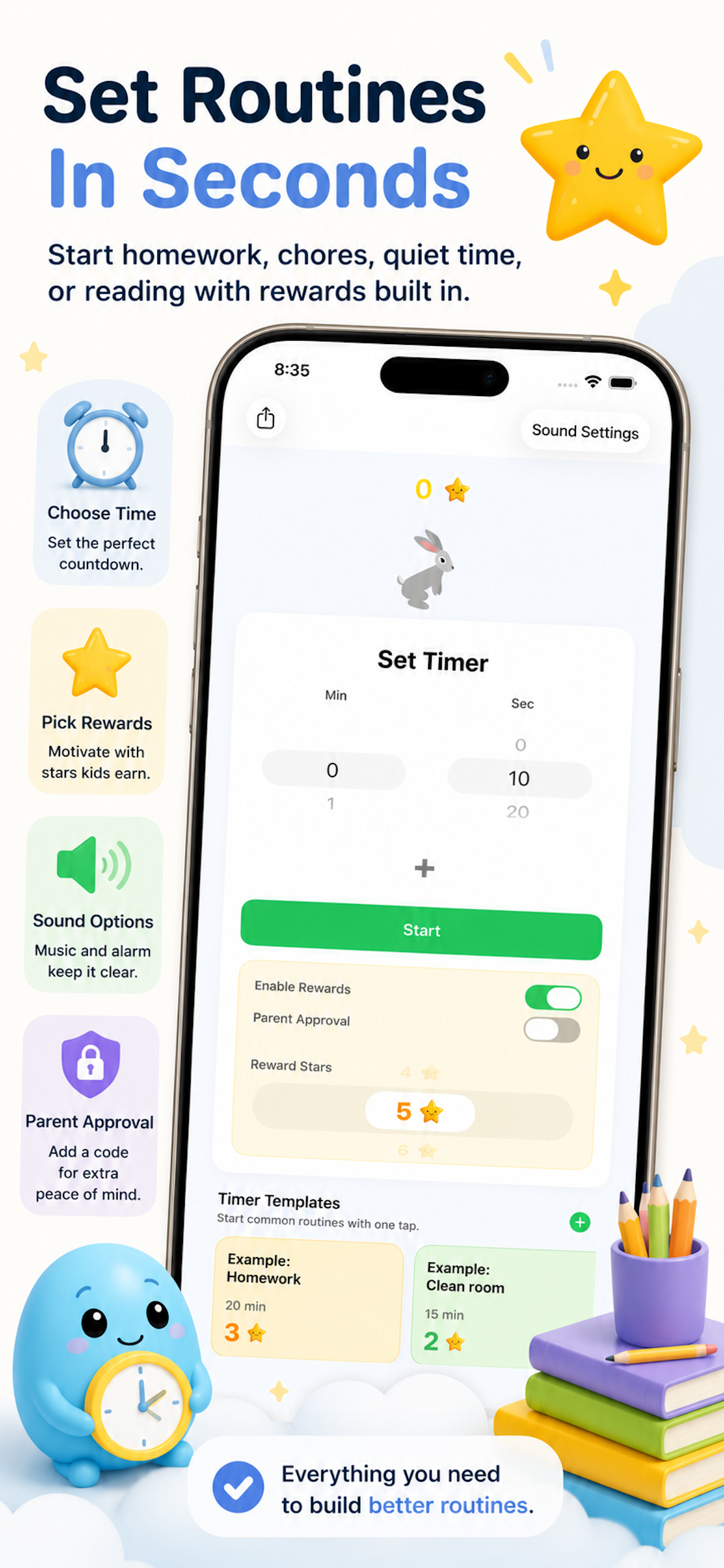 HoppityClock timer setup screen with reward stars, parent approval, and timer templates
